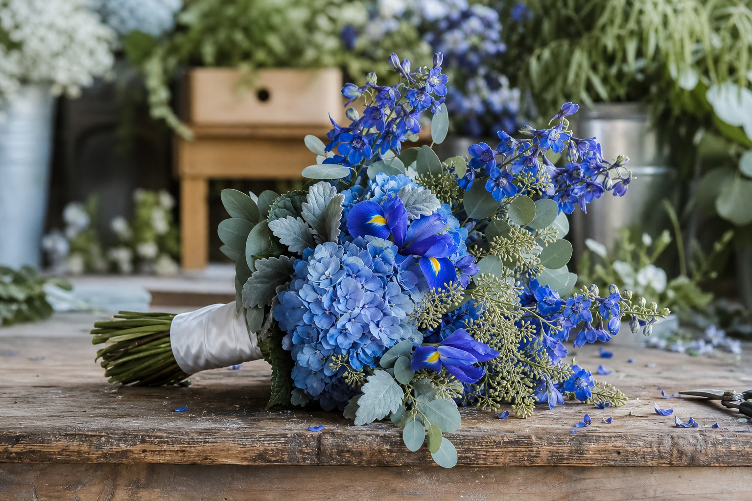 Blue wedding bouquet with hydrangea, delphinium, and iris on a florist's worktable