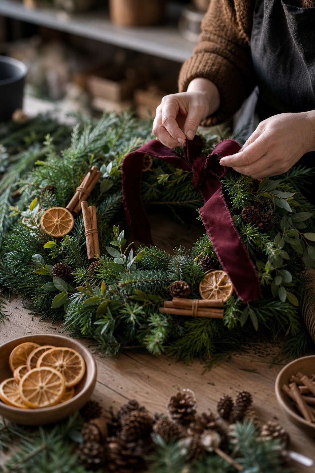 Evergreen wreath being finished with a wired ribbon bow and dried orange slices