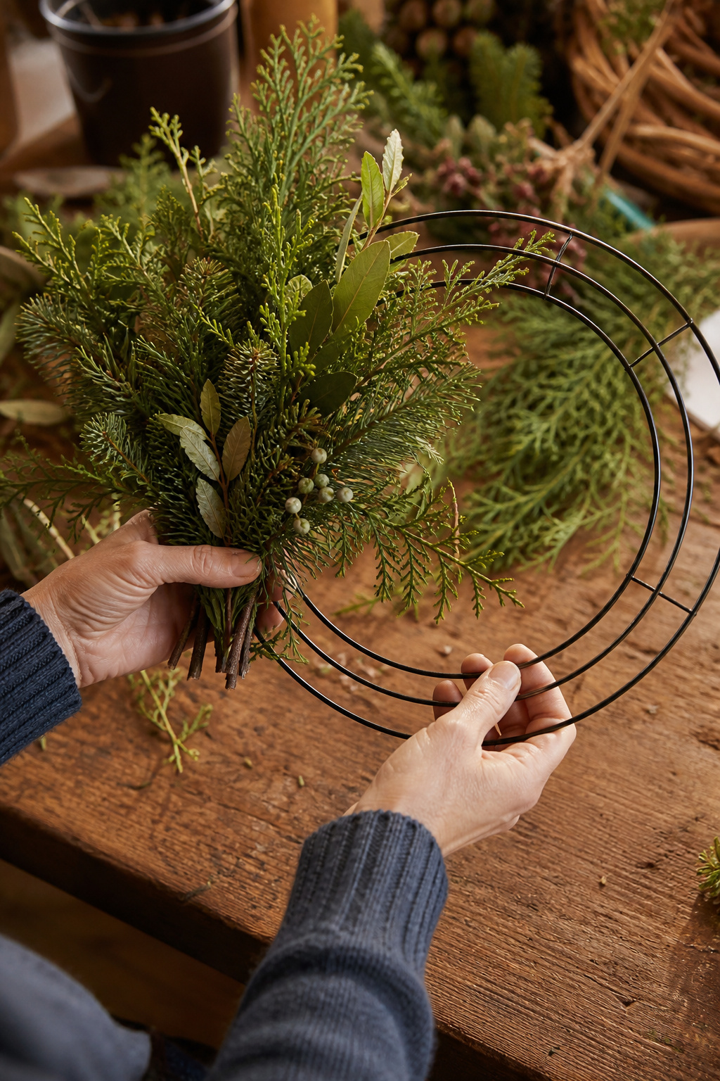 Hands holding a small evergreen bundle against a wire wreath form before wiring