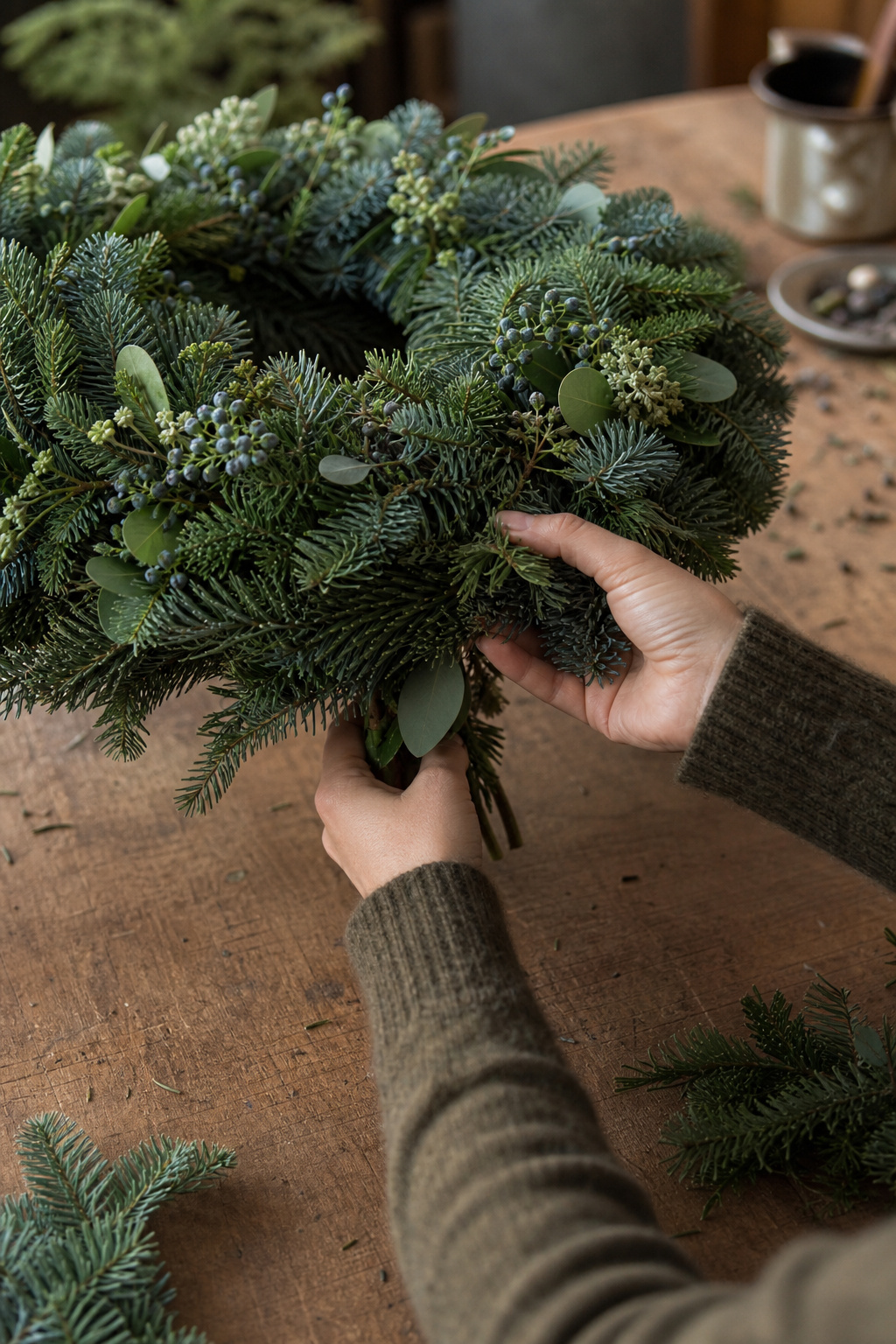 Hands tucking the final greenery bundle under the first to finish a wreath seamlessly