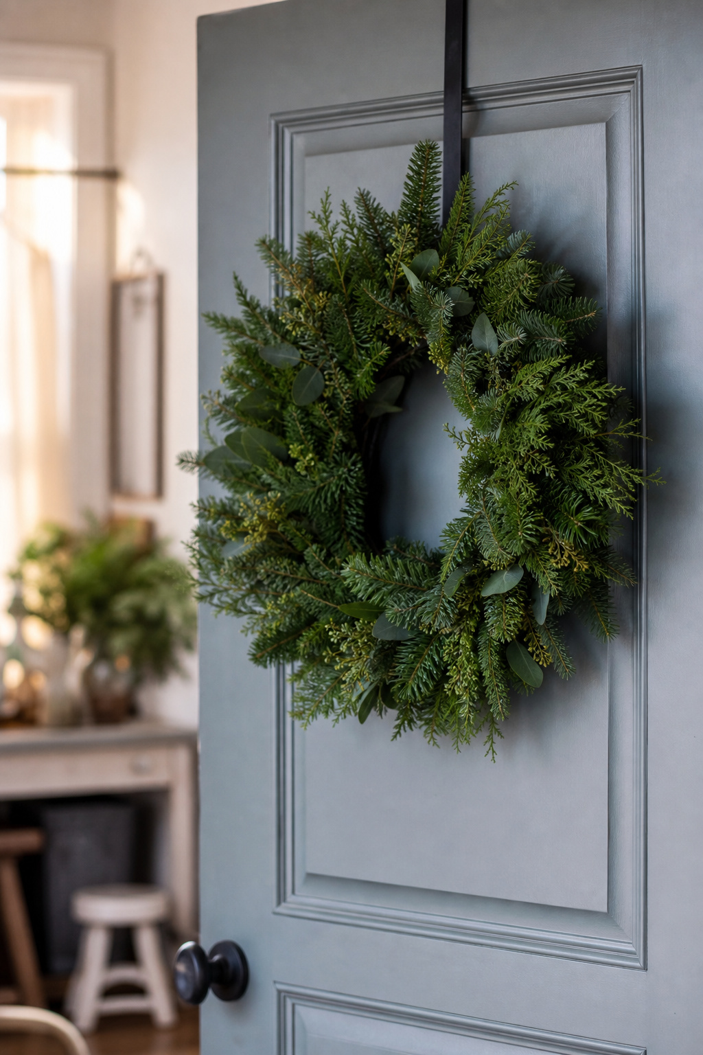 Finished evergreen wreath hanging in a cool spot away from direct heat