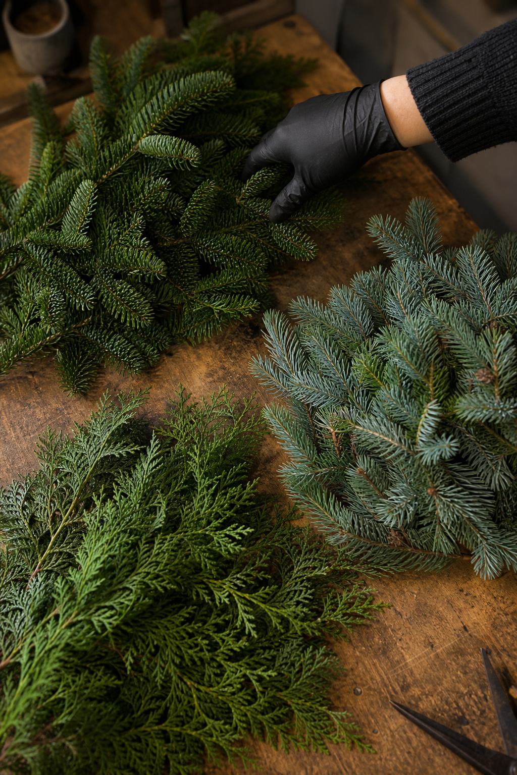 Noble fir, spruce, and cedar greenery sorted in piles for wreath making