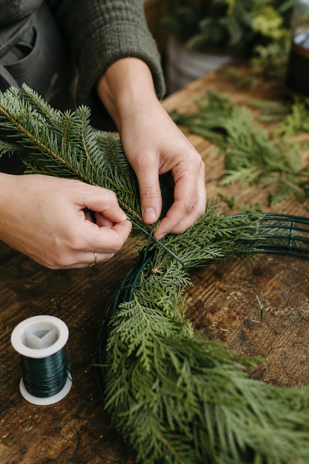 Hands wiring an evergreen bundle onto a wreath form in a shingled overlap pattern