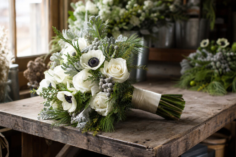 Winter wedding bouquet with white roses, anemones, silver brunia, and pine on a florist's worktable