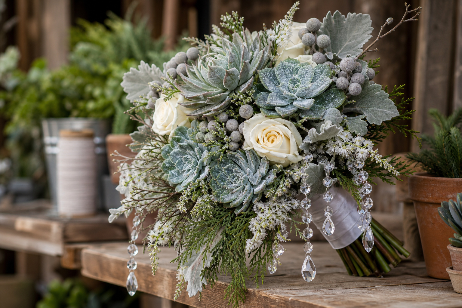 Modern winter wedding bouquet with frosted succulents, silver brunia, and crystal accents