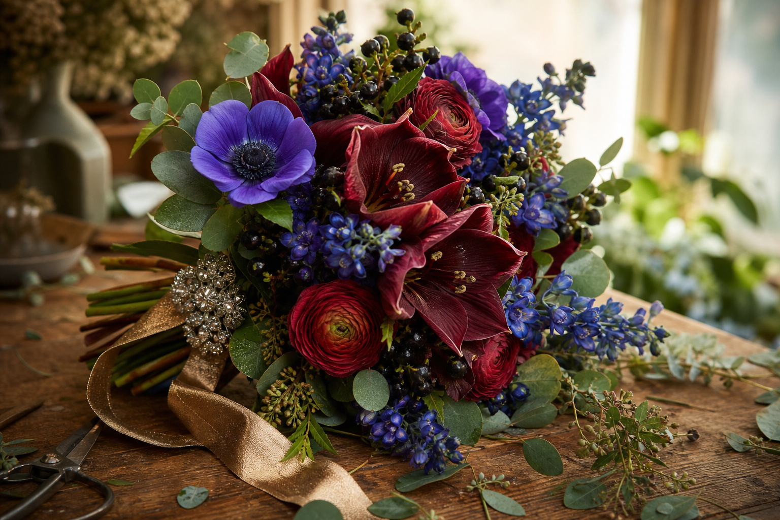 Jewel-toned winter wedding bouquet with purple anemones, dark delphinium, and garnet amaryllis