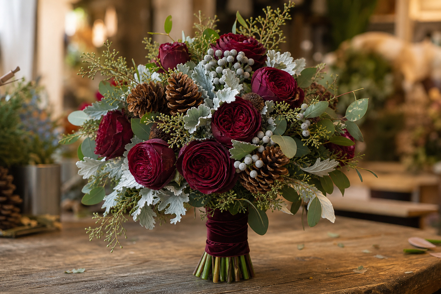 Winter wedding bouquet with deep burgundy garden roses and wired pinecones