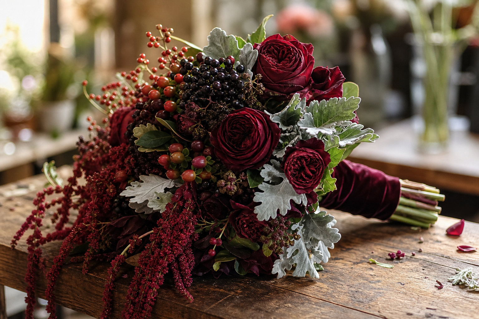 Dramatic burgundy winter wedding bouquet with hypericum berries, garden roses, and cascading amaranthus