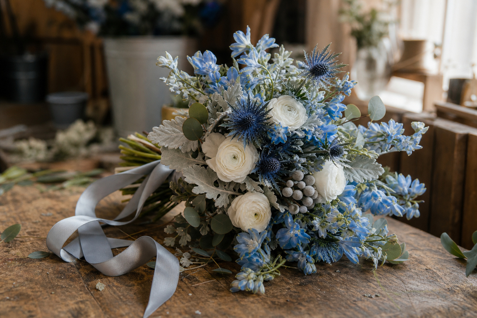 Dusty blue winter wedding bouquet with blue thistle, delphinium, and dusty miller