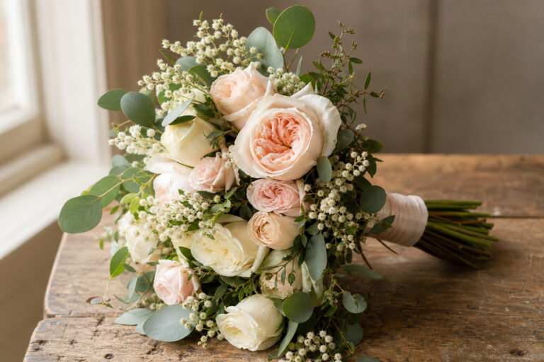 A hand-tied garden rose wedding bouquet on a florist's wooden worktable