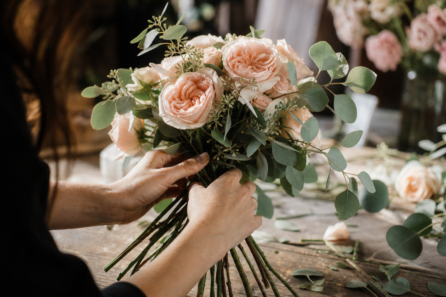 Hands assembling a hand-tied garden rose wedding bouquet in progress