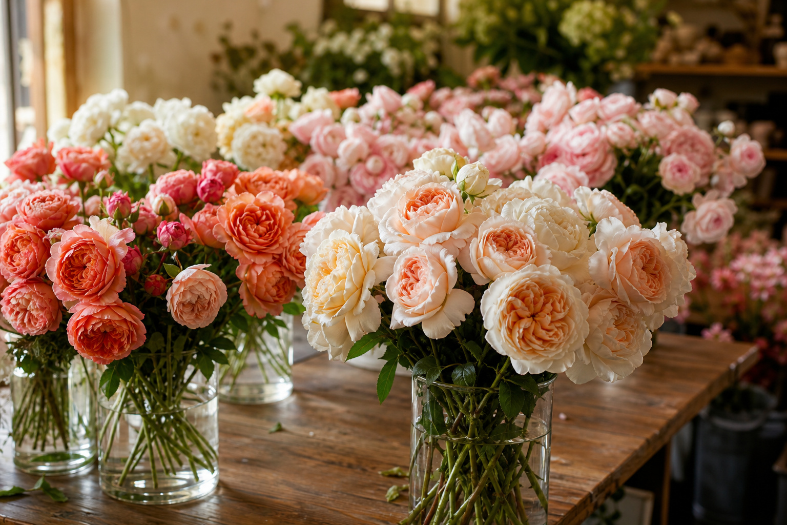 Assorted garden rose varieties in buckets on a florist's worktable
