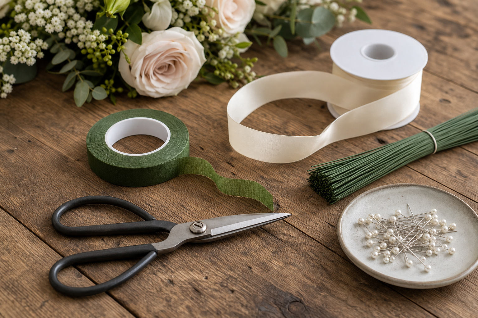 Floral supplies laid out on a wooden worktable â€” tape, scissors, ribbon, and wire