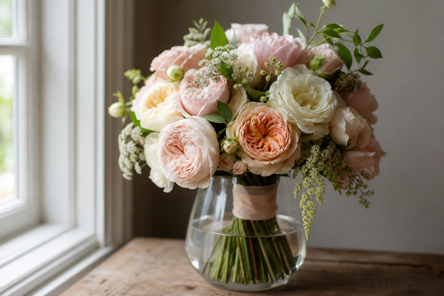 Finished wedding bouquet with stems resting in a vase of water before the ceremony