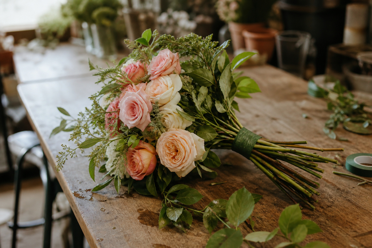 A practice hand-tied bouquet of garden roses on a florist's worktable