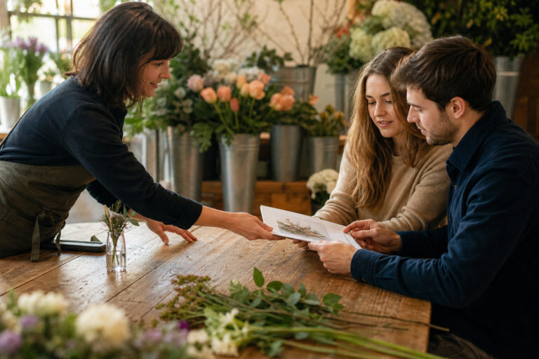 Florist discussing a wedding flower proposal with a couple across a wooden workbench