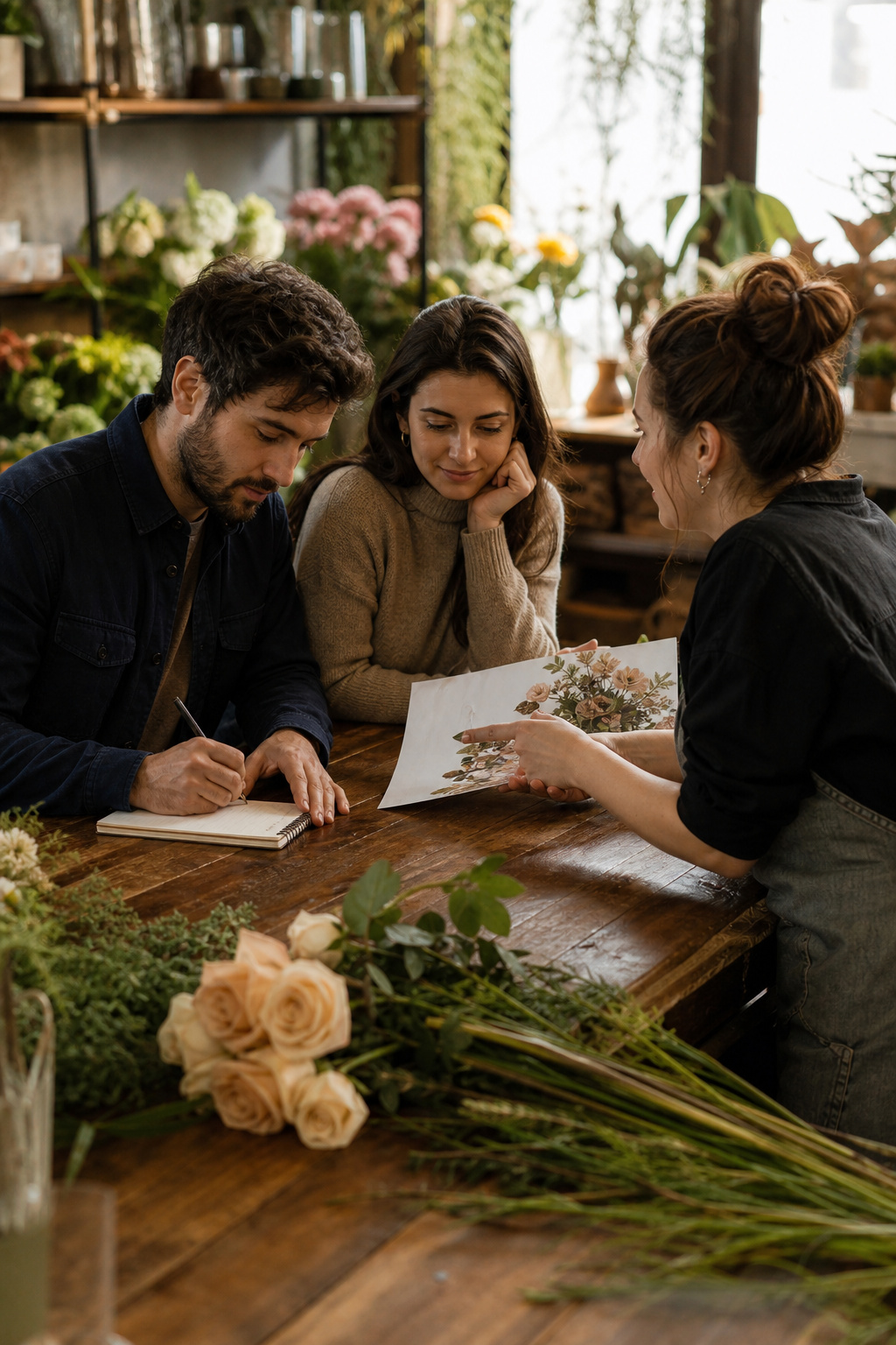 Couple taking notes during a meeting with a florist at a flower shop counter
