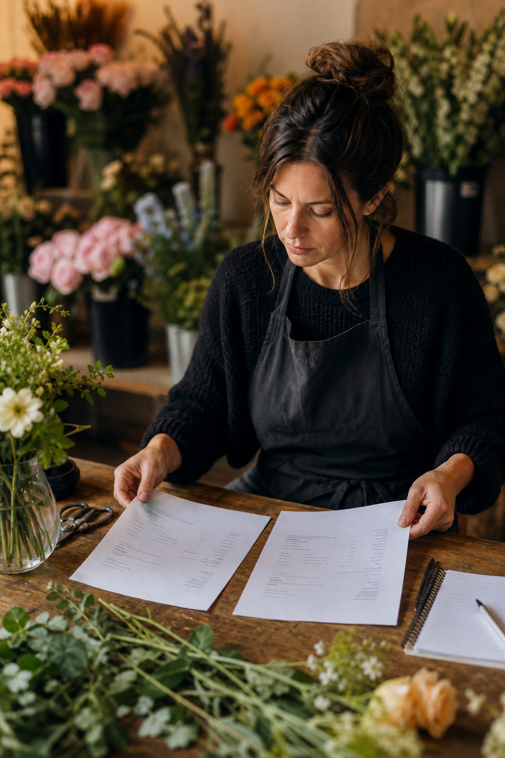 Florist reviewing printed vendor quotes at a worktable with flowers in the background