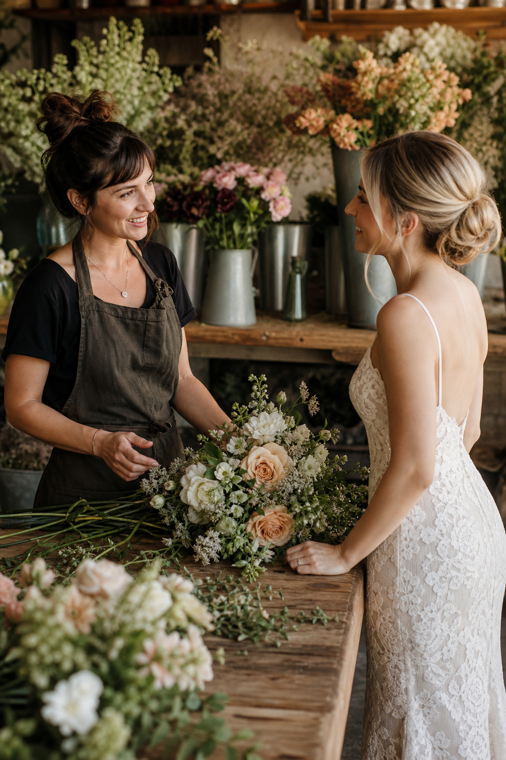 Florist and bride in direct conversation across a wooden worktable, flowers nearby