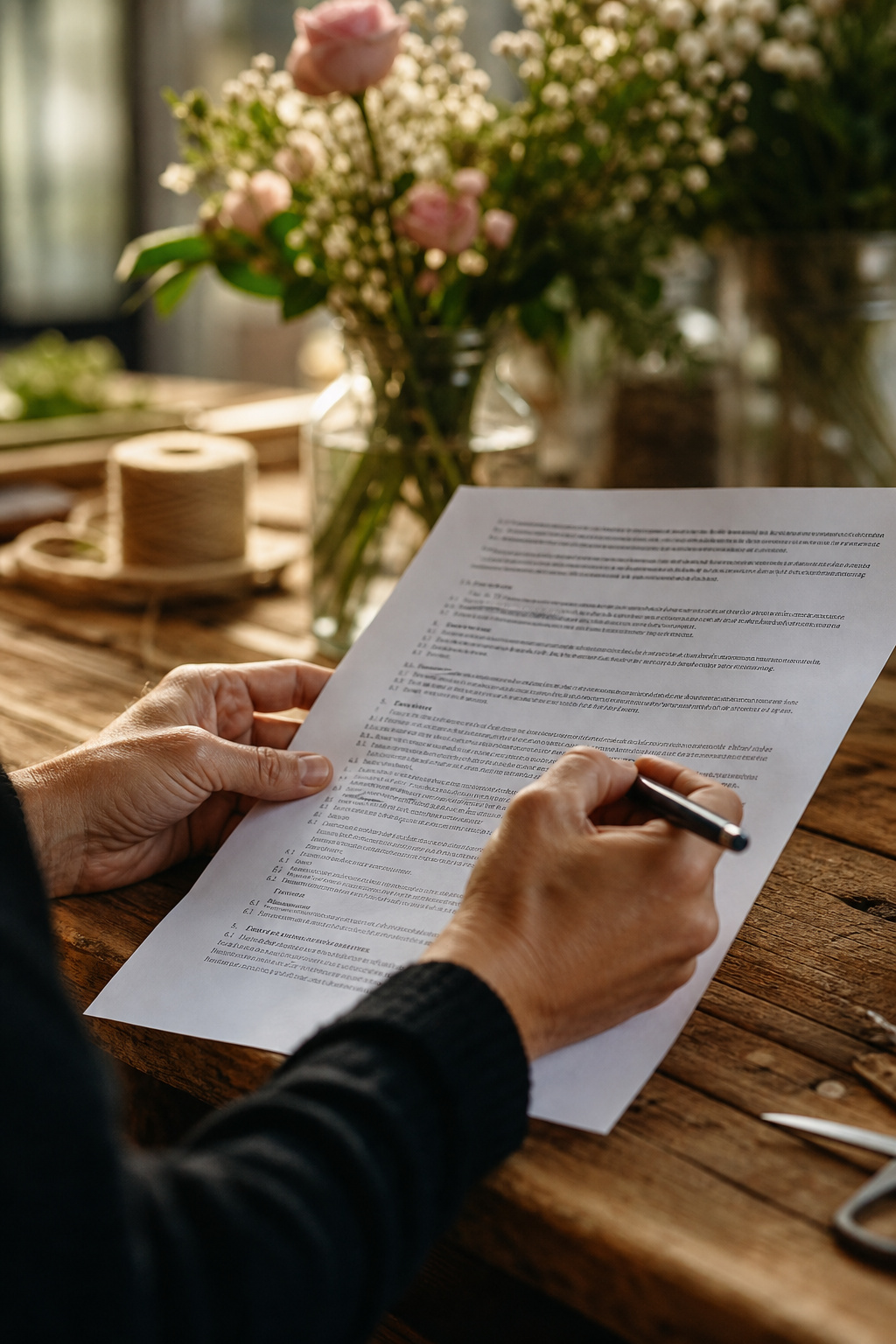 Close-up of hands reviewing a printed vendor contract on a wooden table with a pen