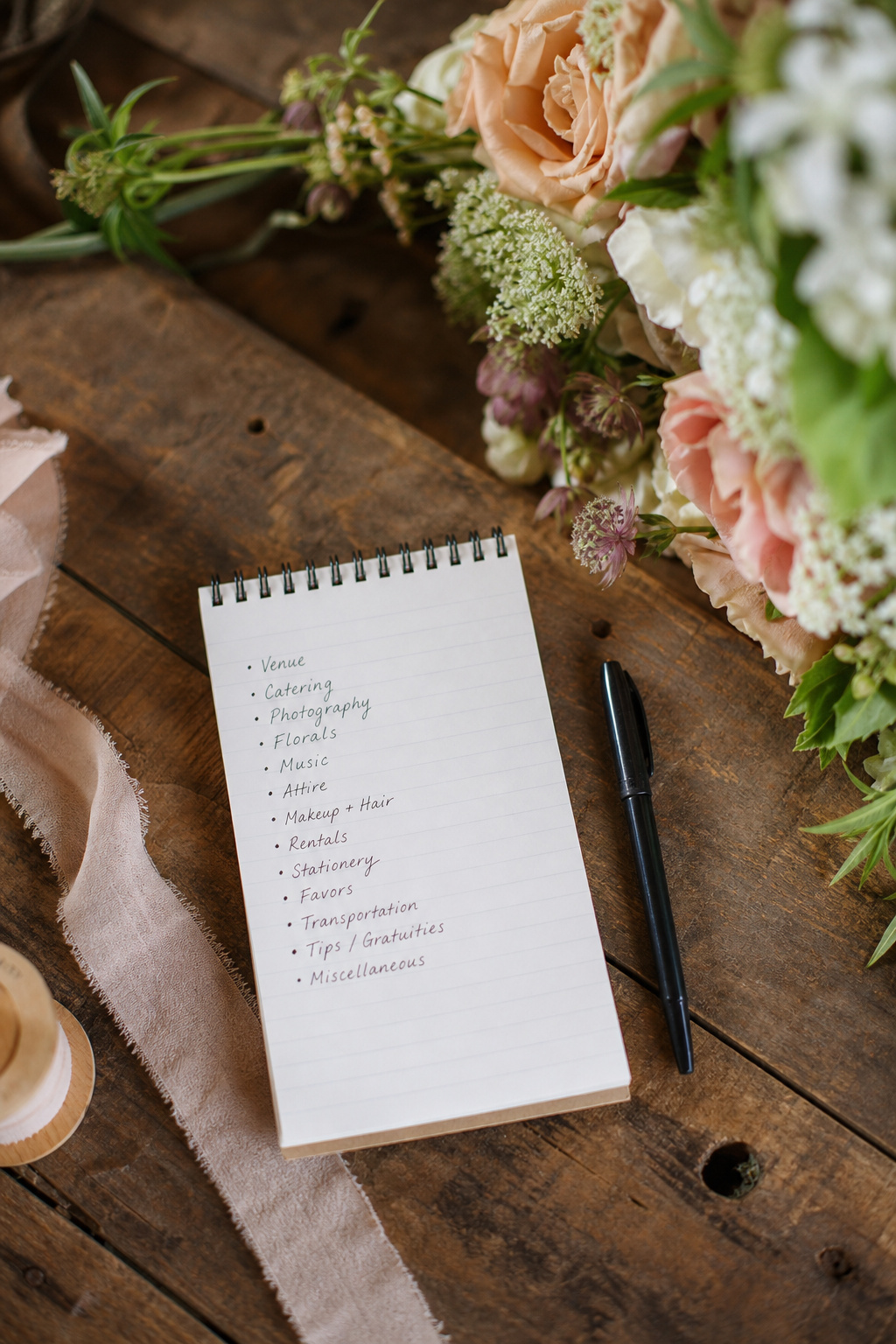 Notepad with a handwritten wedding budget breakdown on a wooden florist worktable