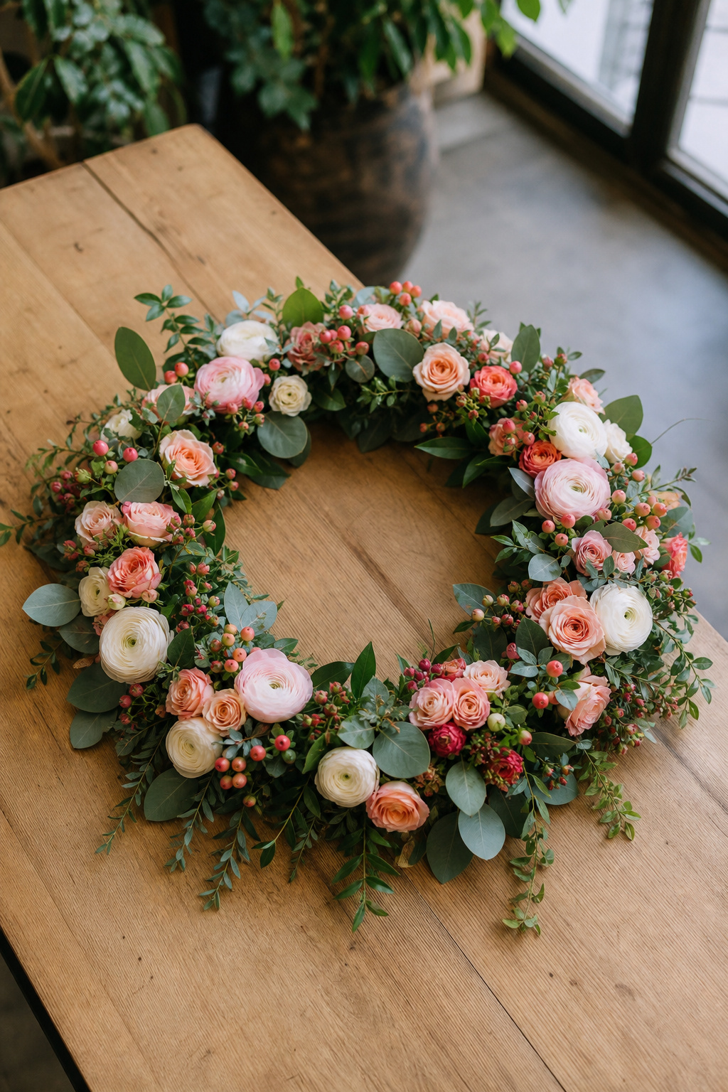 Finished floral hoop stored flat on a wooden surface in a cool shaded area