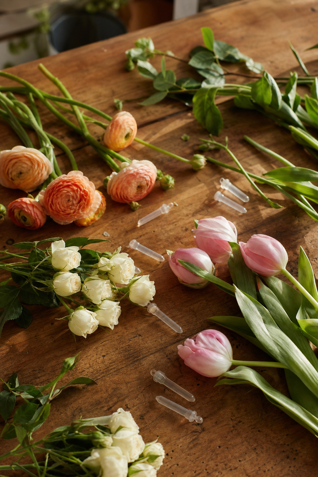 Ranunculus, garden spray roses, and tulips laid out on a wooden florist workbench next to water picks