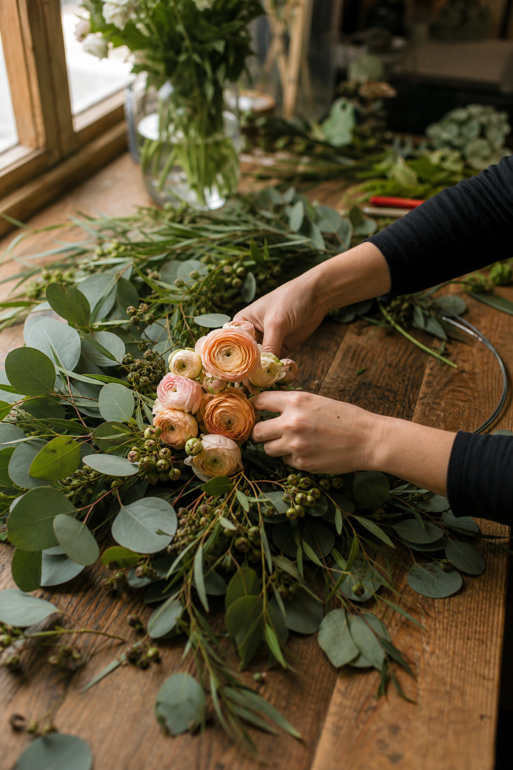 Florist placing ranunculus blooms onto a greenery-covered floral hoop on a workbench