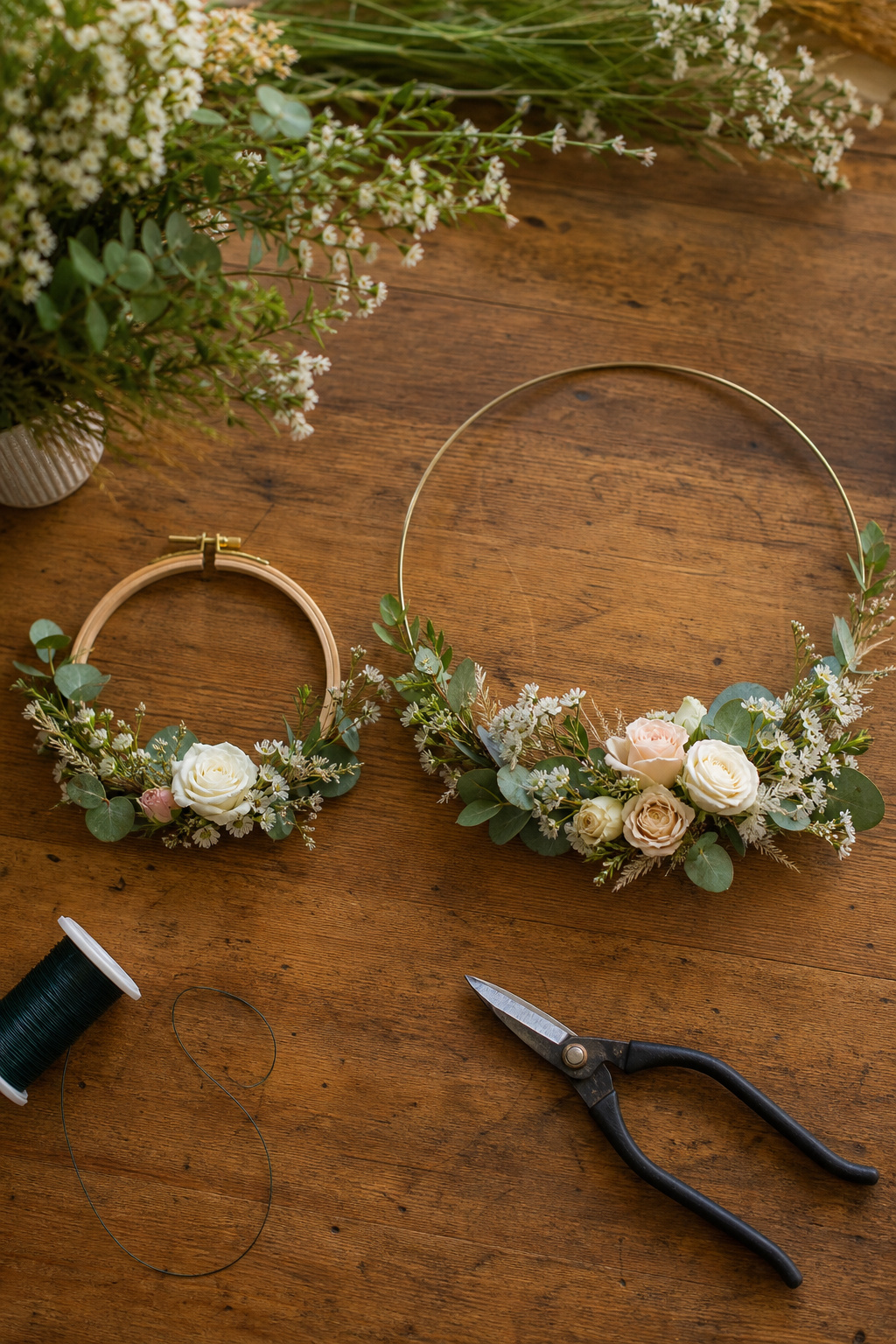Metal floral hoops and wooden embroidery hoops side by side on a florist worktable