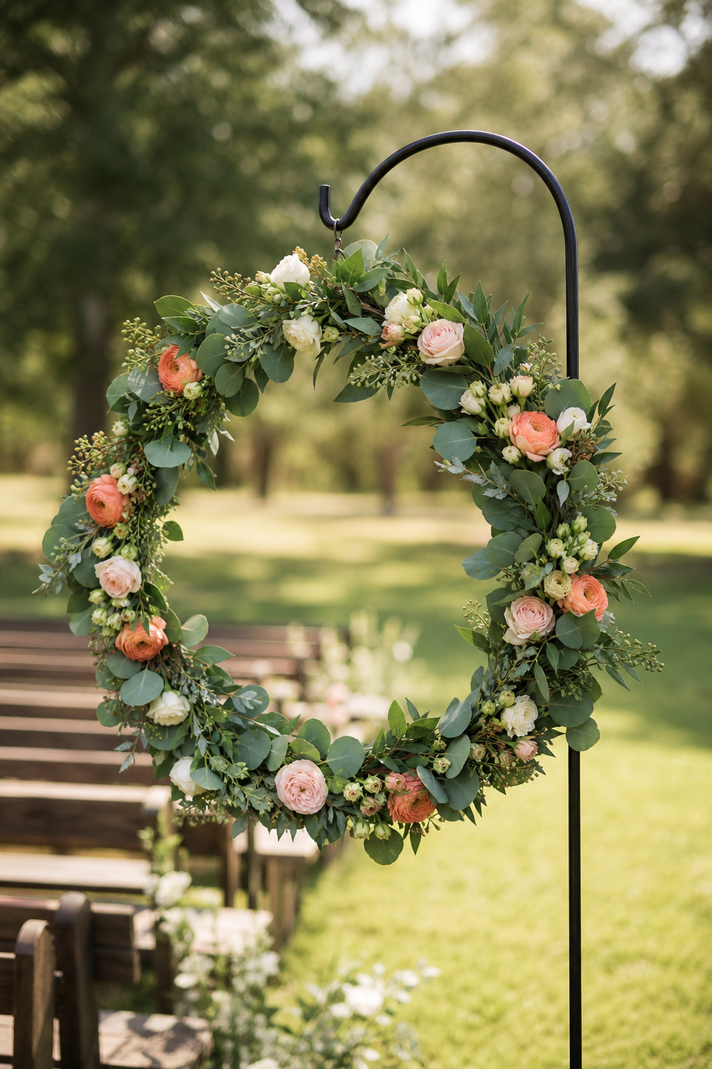 Completed floral hoop hanging near a ceremony arch with greenery and blooms