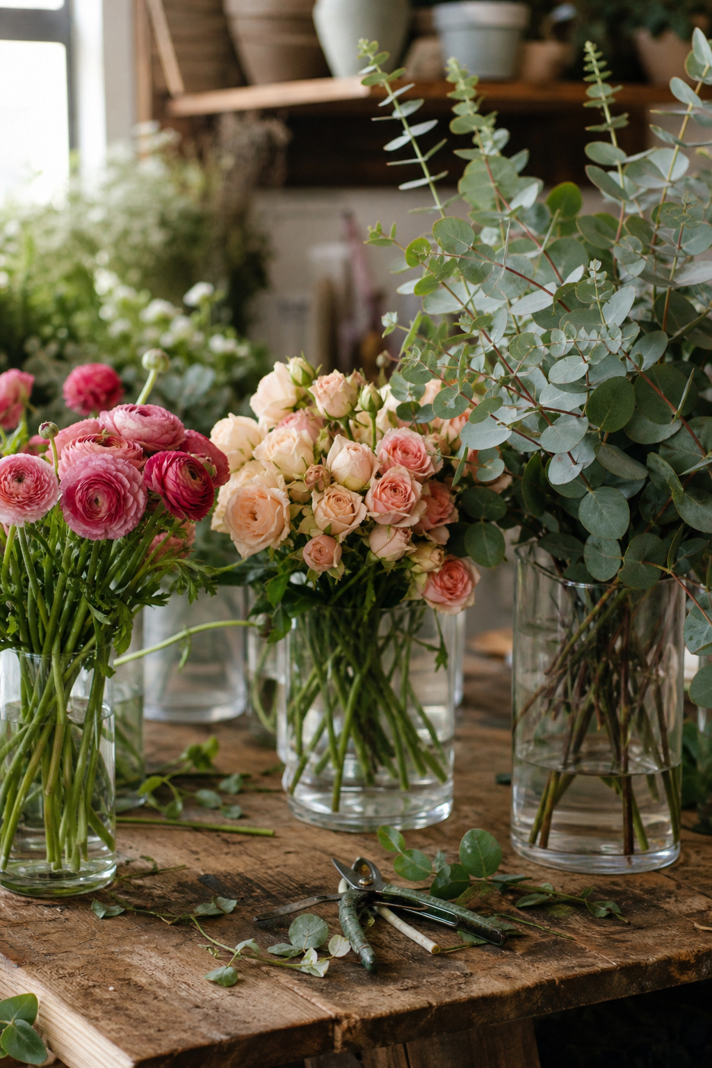 Fresh-cut flower bunches in water on a wooden florist workbench ready for a floral hoop project