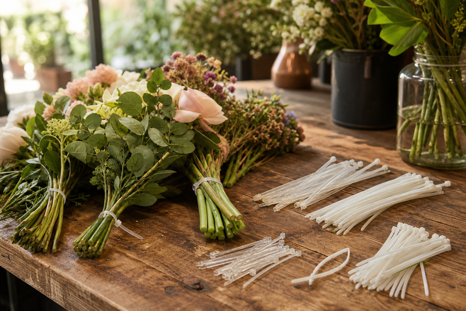 Zip ties and floral stem bundles on a florist's worktable