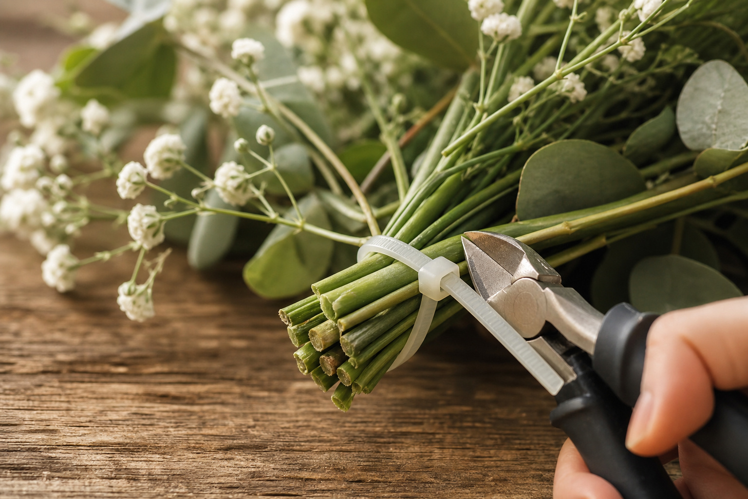 Wire cutters trimming a zip tie tail at an angle to avoid sharp edges in floral work