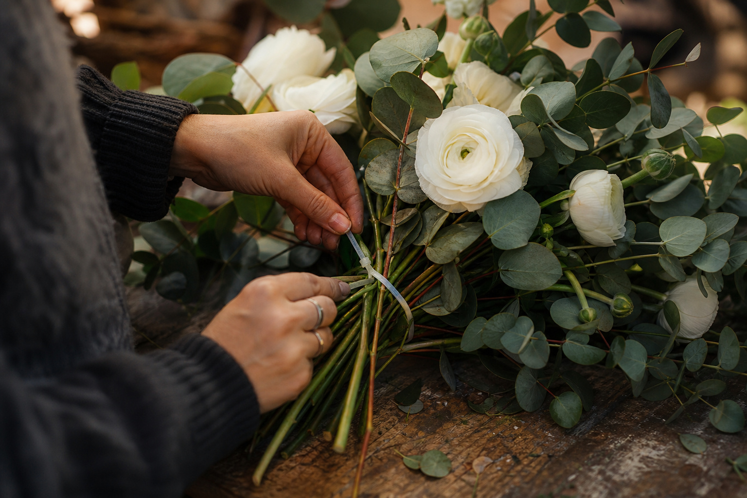 Florist concealing a zip tie within a floral cluster of eucalyptus and ranunculus