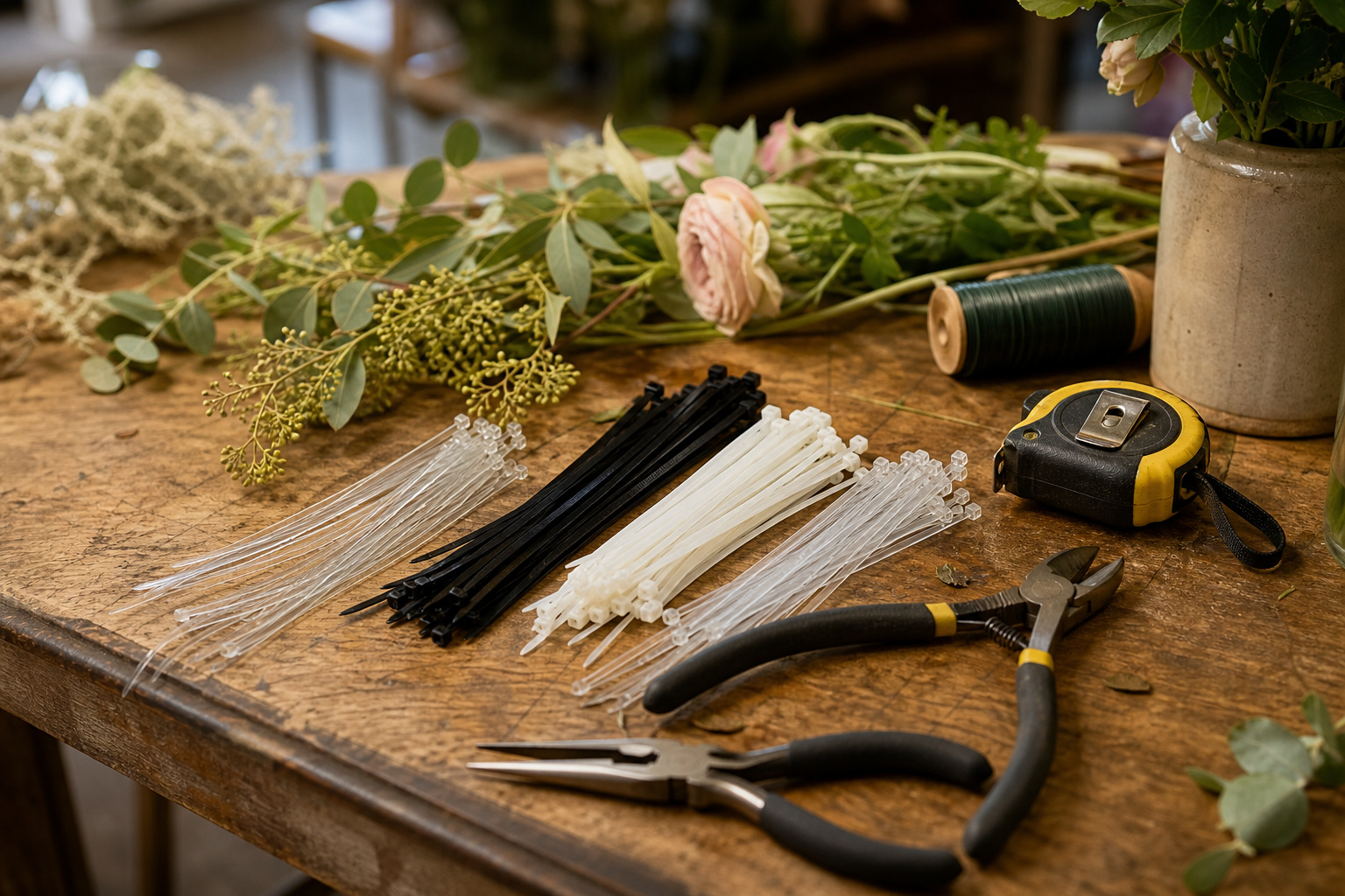 Florist's zip tie tool kit with pliers and wire cutters on a wooden bench
