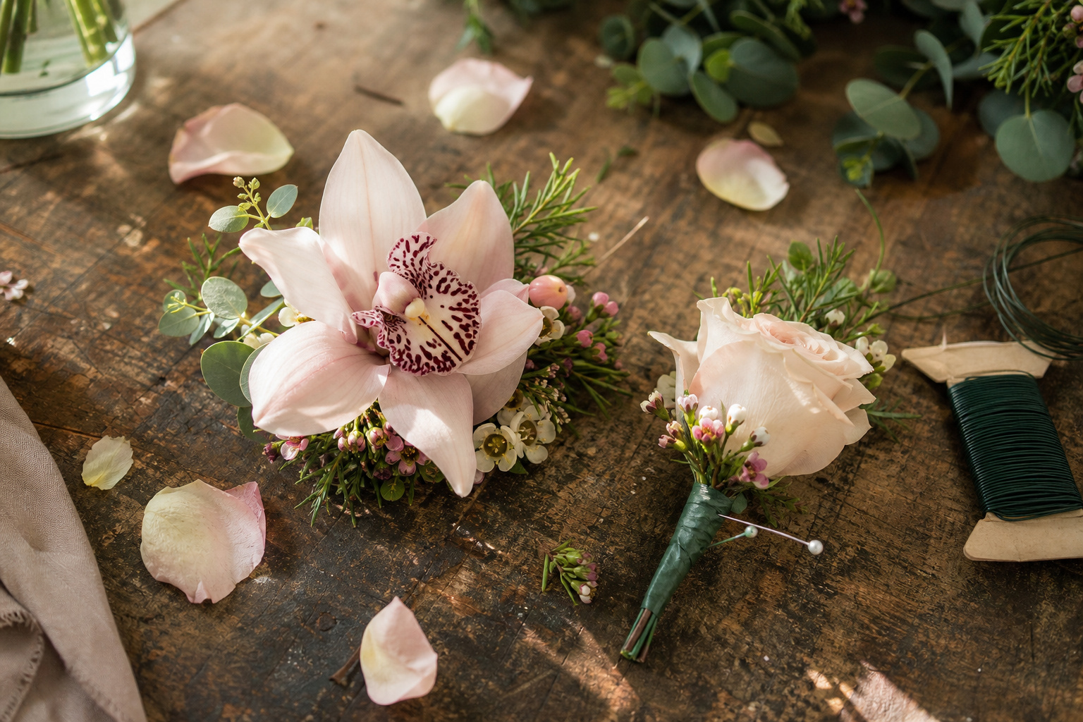 Wedding corsage and boutonniere arranged on a wooden florist worktable