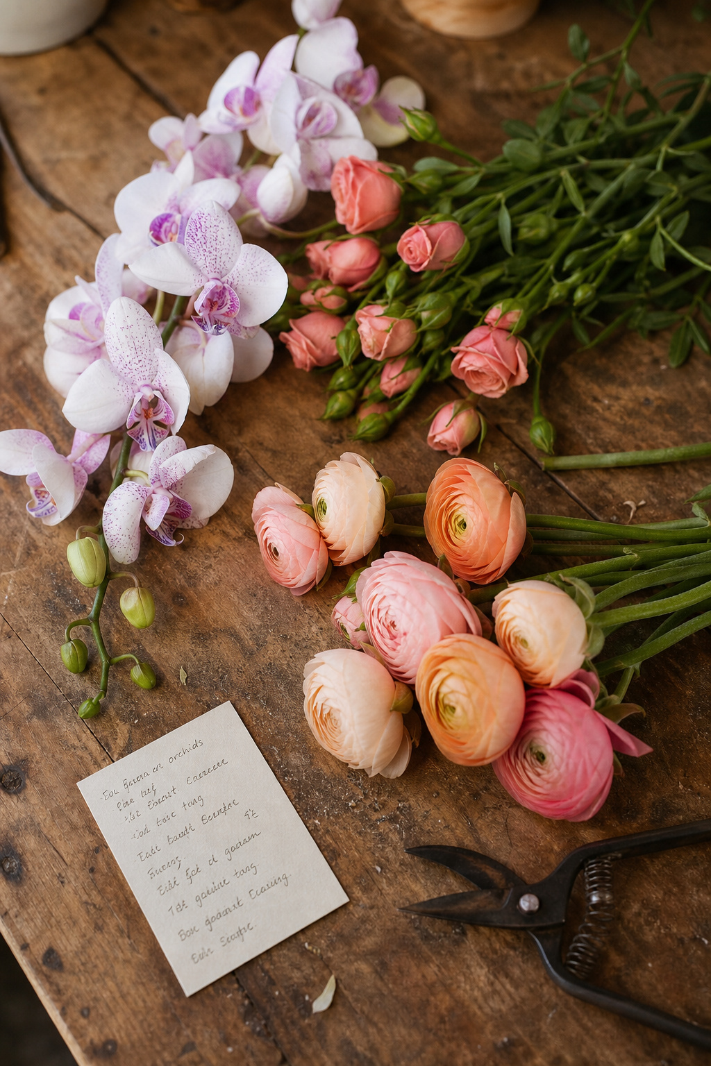 Orchids roses and ranunculus laid out on a florist worktable for corsage selection
