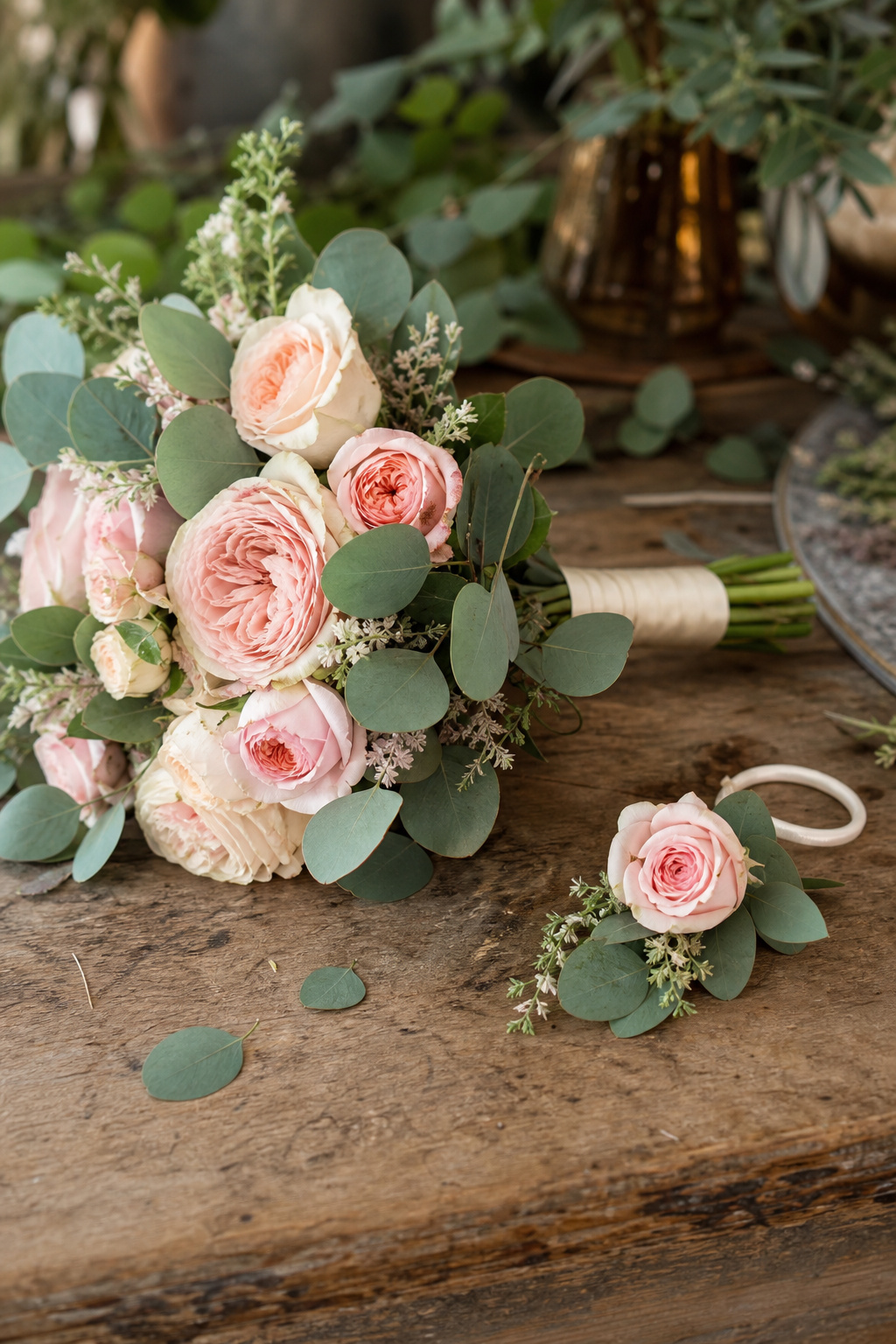 Bridal bouquet and matching corsage displayed together showing coordinated but not identical floral design