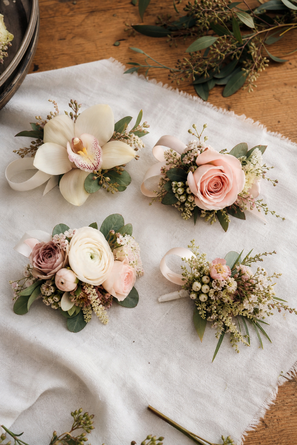 Various corsages pinned and displayed for different wedding ceremony participants