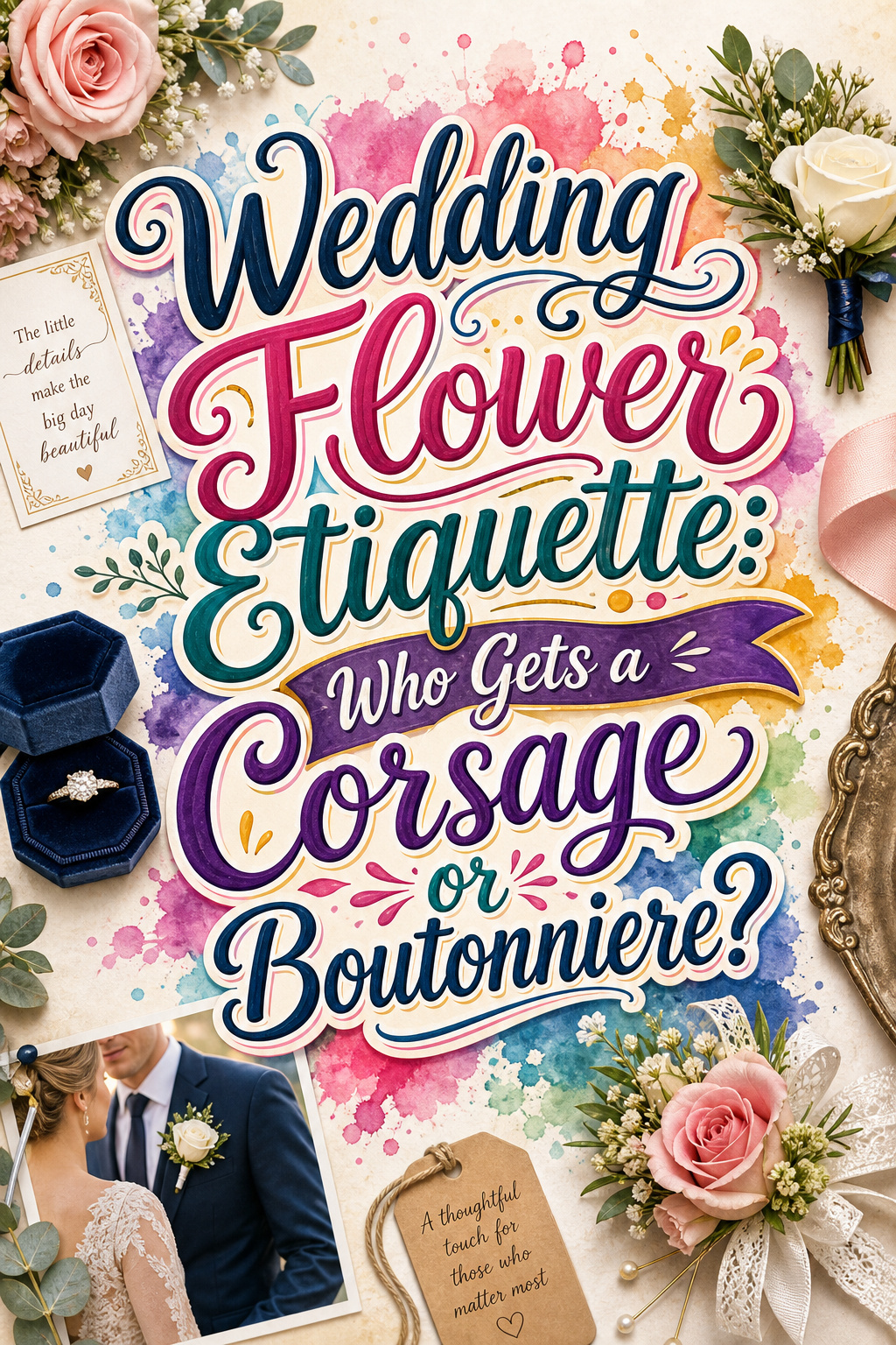 Pinterest graphic for Wedding Flower Etiquette: Who Gets a Corsage or Boutonniere?