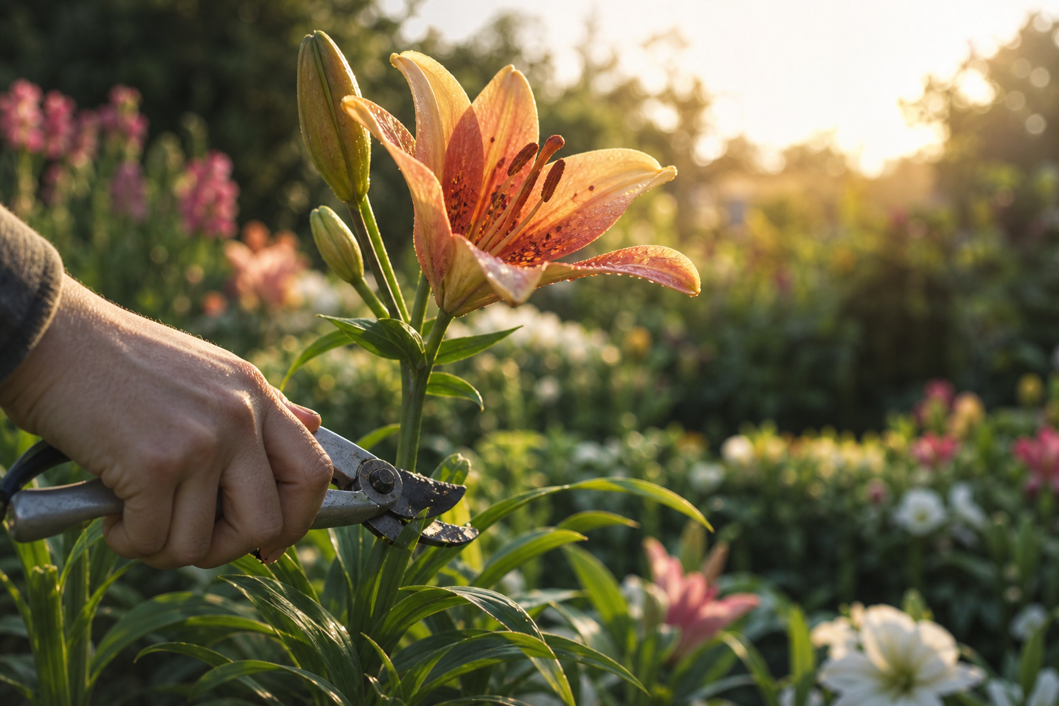 Cutting an Asiatic lily stem with garden shears in early morning light