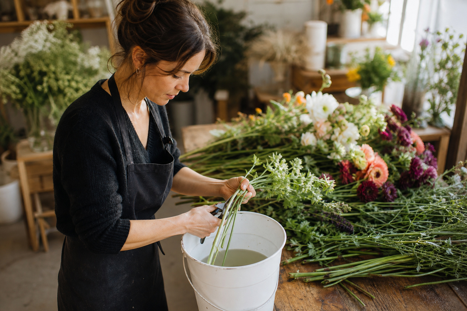 Re-cutting flower stems at an angle over a bucket of water on a florist worktable