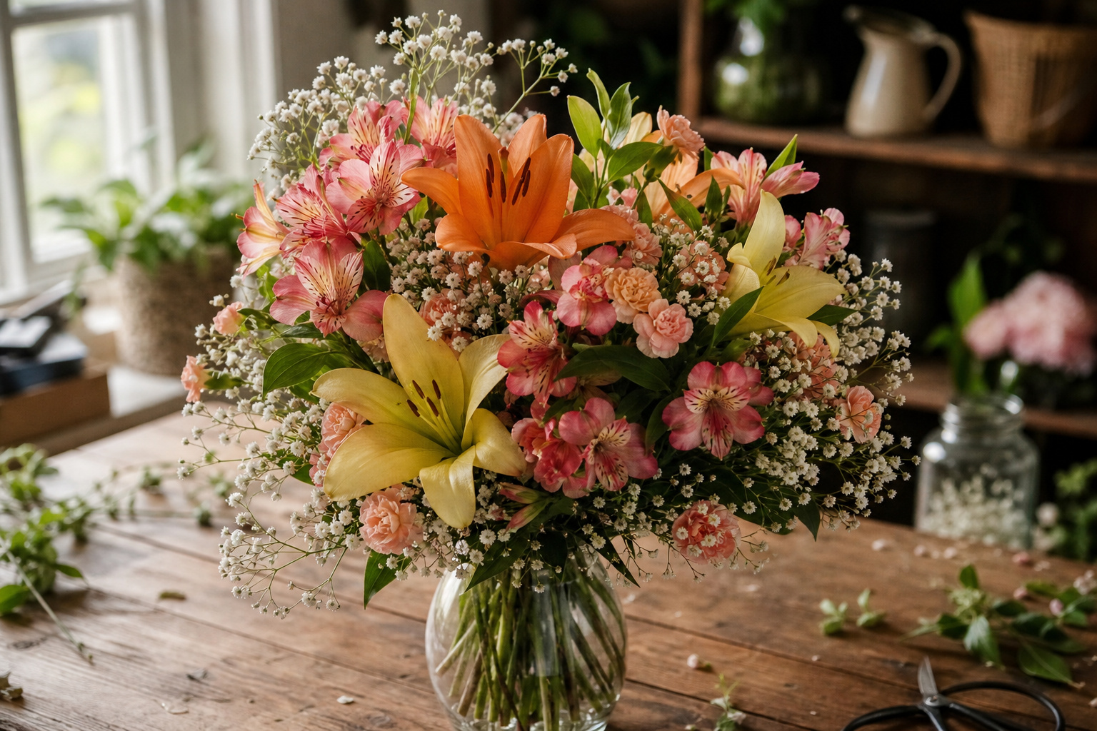 Mixed garden flower arrangement with lilies, alstroemeria, carnations, and babies' breath in a glass vase