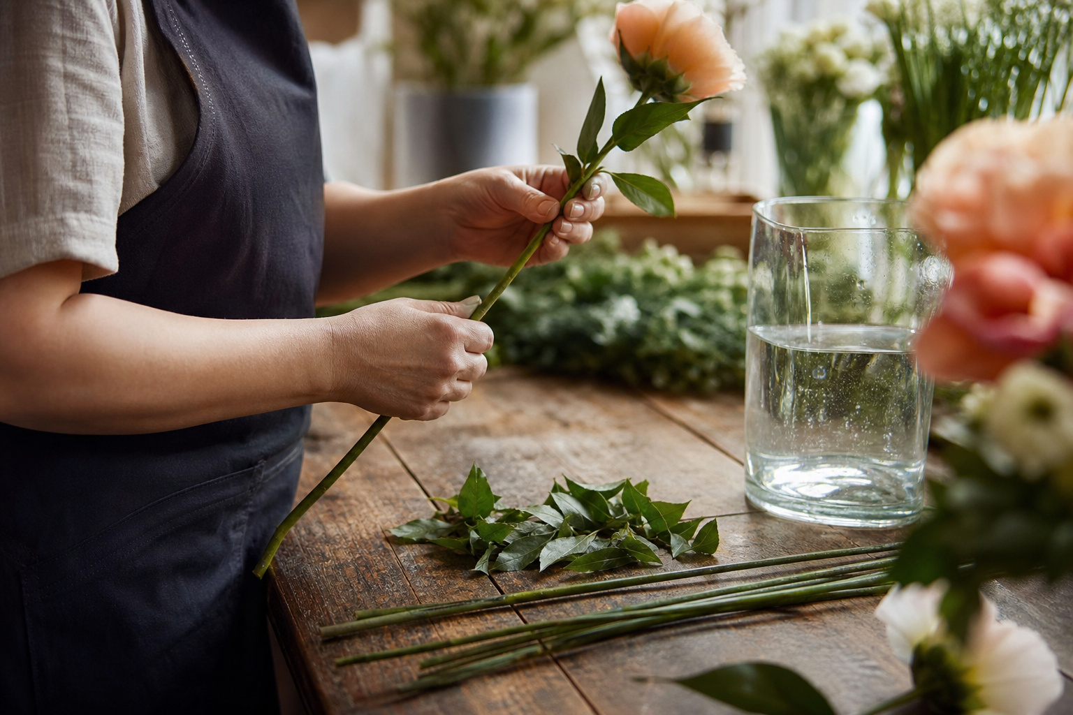 Hands stripping lower foliage from flower stems before placing in a vase