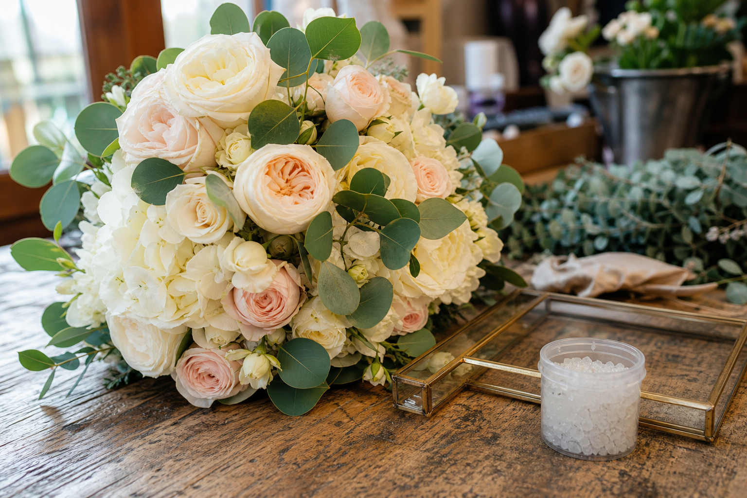 Wedding bouquet beside a shadow box frame and silica gel container on a florist's worktable
