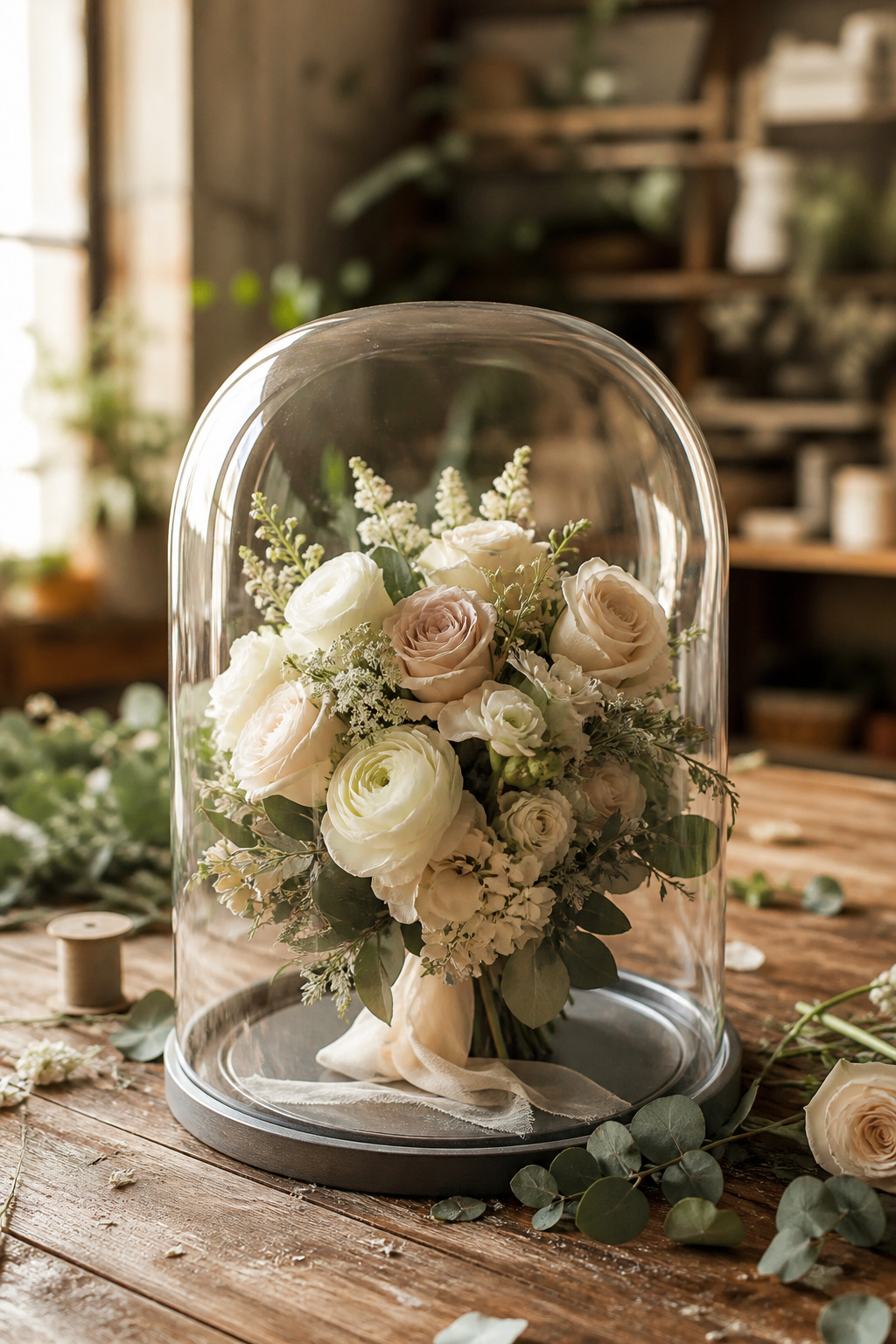 Preserved wedding bouquet displayed inside a glass dome on a wooden surface