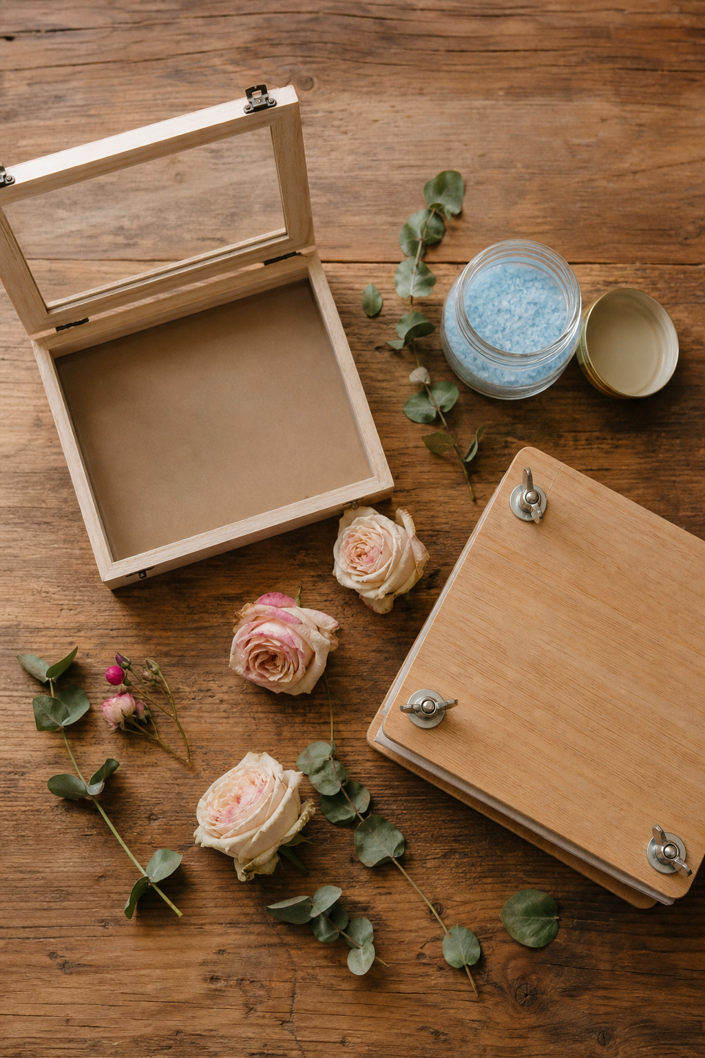 Three preservation methods displayed side by side on a florist's worktable - shadow box, silica gel container, and flower press