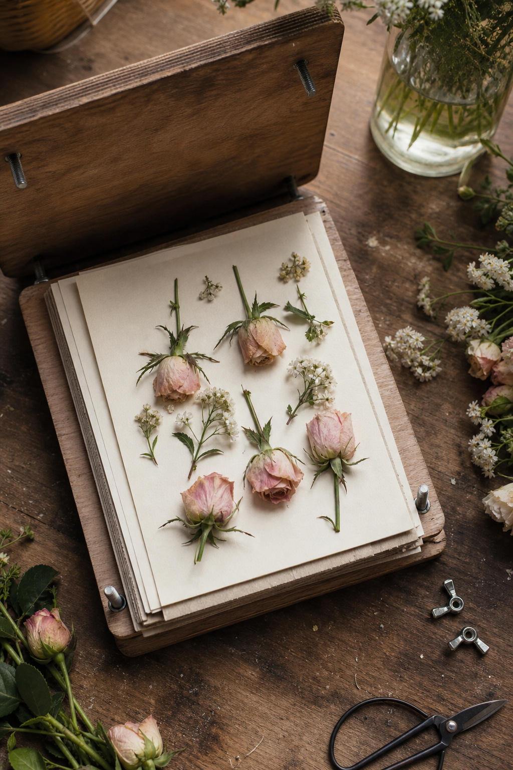 Pressed flowers arranged on blotting paper inside a wooden flower press on a worktable