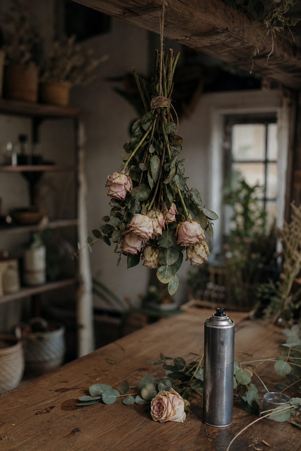 Wilted flowers hanging upside down to air-dry beside a can of hairspray on a wooden surface