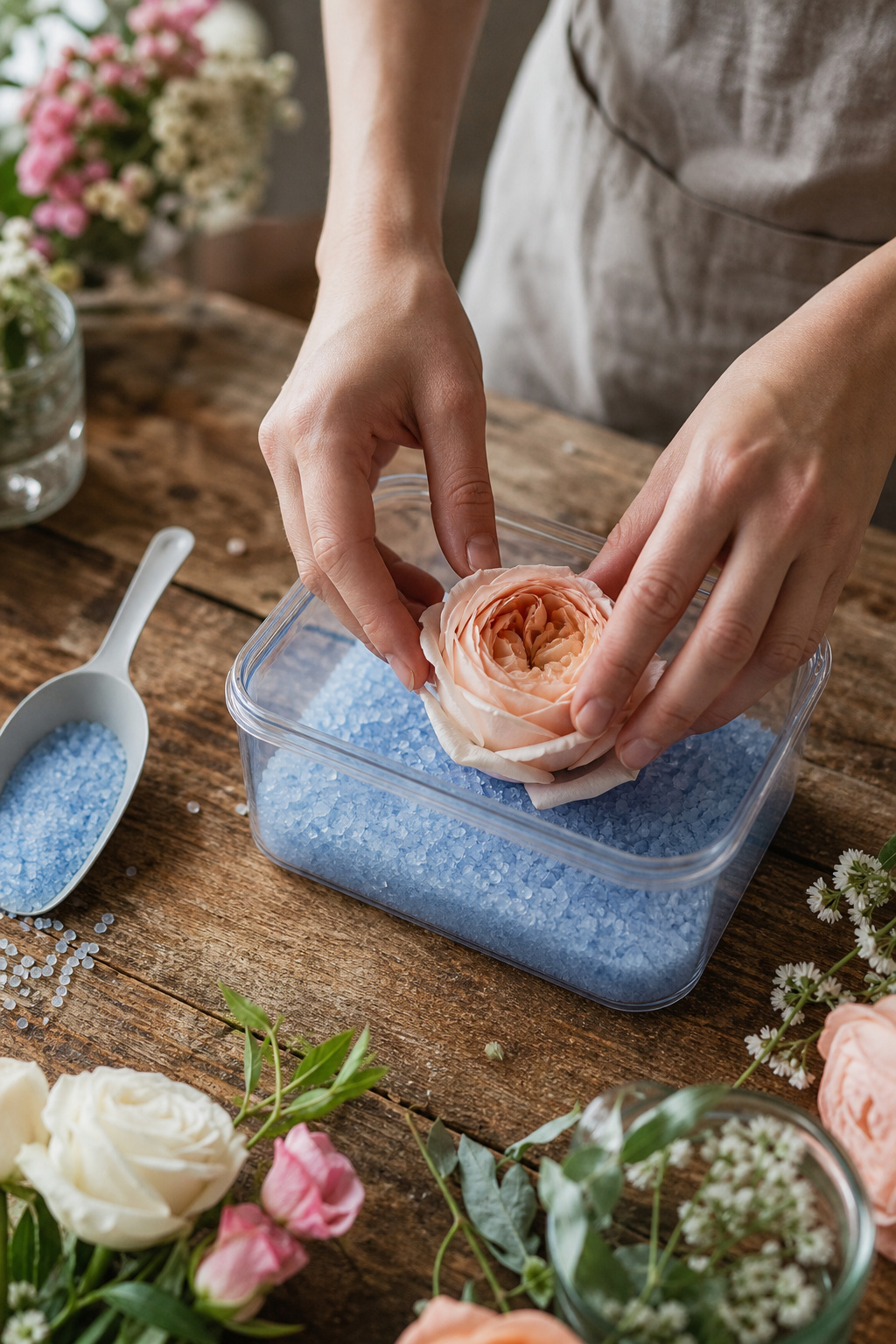 Flower head being placed into a container of silica gel crystals on a wooden table